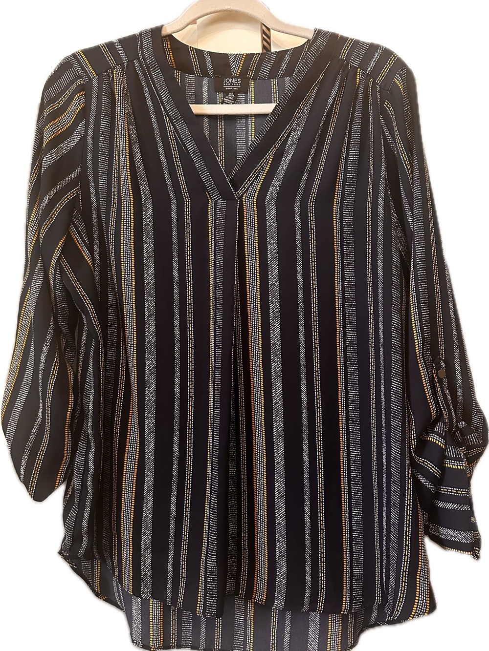 Jones New York Navy Striped V-Neck Blouse with Gold & White Stripes